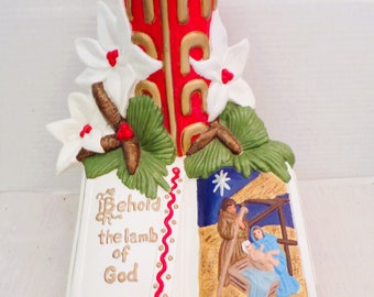 Vintage Seht, Das Lamm Gottes Keramik Atlantikform Handbemalte Weihnachtskerze Bibel Vers Religiöse Weihnachtszeit, USA