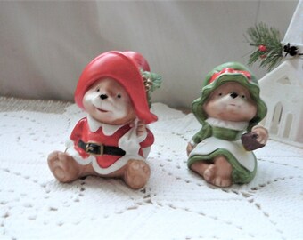 Vintage Mr. & Mrs. Santa Claus Figuras de Oso de Cerámica navideña, Homco 5600