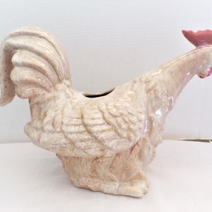 May include: A ceramic rooster planter in a cream color with a pink comb and wattles. The rooster is detailed with textured feathers and has a hole in the back for drainage.