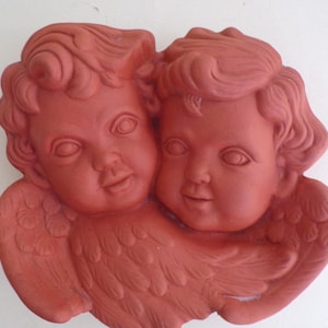Terra Cotta Earthenware Cherub Wall Plaque Heads, Porch, Patio Garden Art Angels, Religious Home Decor