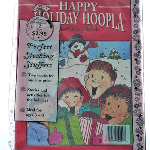 Peut inclure: Un livre de coloriage rouge avec un bonhomme de neige et des enfants tenant des cadeaux. Le titre est "Happy Holiday Hoopla Coloring Book". La couverture comprend également le texte "Merry Christmas 2 for $2.99" et "Perfect Stocking Stuffers".