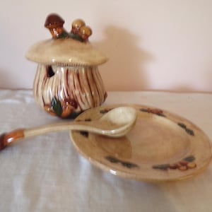 Vintage Pilz Terrine Suppentopf mit Schöpfkelle, Deckel und Unterteller handbemalte Keramik, 4 teiliges Set