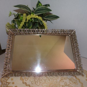 Vintage Vanity Mirror Hollywood Regency Large Rectangle Brass over Steel Ornate Filigree 15 x 10 x 1 1/4 image 2