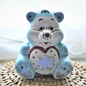 Vintage Nursery Teddy Bear Nightlight, Ceramic Illuminated Blue Love Night Light with On/Off Switch