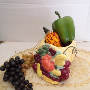 Vintage Porcelain Cornucopia by American Bisque Pottery, Vegetables and Fruit Horn of Plenty