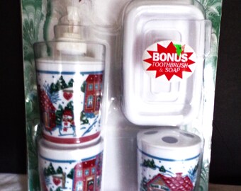 Vintage Christmas 4 Pc Bath Accessory Set Red Plastic with Christmas Village Scene Toothbrush Holder, Soap Dish, Tumbler and Soap Dispenser