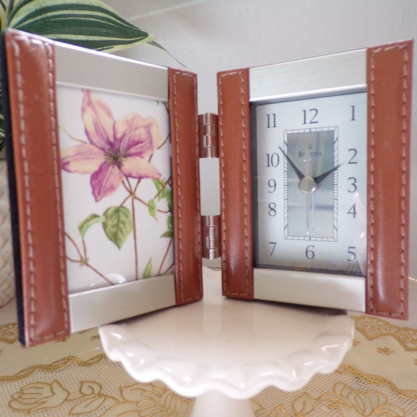 Bulova Leather Desk Clock with Picture Frame, Leather, Brushed Aluminum, Black Velour, Foldup, Bedside