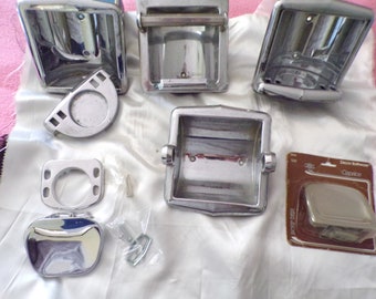 Vintage Franklin Brass Polished Chrome Washroom Accessories Soap Dish, Salvaged Used Chrome Cup and Toothbrush Holder, Cup and Toothbrush