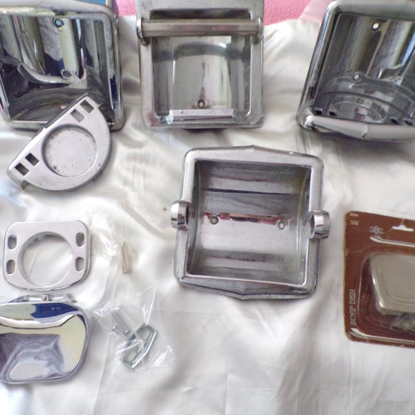 Vintage Salvaged Polished Chrome Washroom Accessories Soap Dish, Cup and Toothbrush Holder, Recessed Soap and Washcloth, Cup and Toothbrush