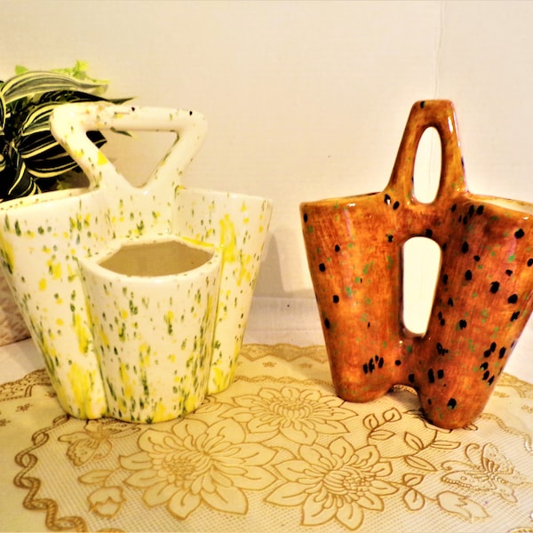 Vintage Drip Splatter MCM Art Deco Pottery Vessels, Flower Vase, Handmade USA