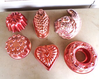 Vintage Aluminum Copper Color Jello Molds, Baking Pans, Cornucopia, Berry Pan, Grape Cluster, Bundt Pans Wall Hanging, Farmhouse Decor