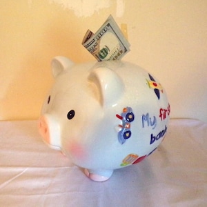 Vintage Ceramic Piggy/Pig Bank &quot; My first bank&quot; Baby Blue with Airplane, Sportscar and More, Extra Large