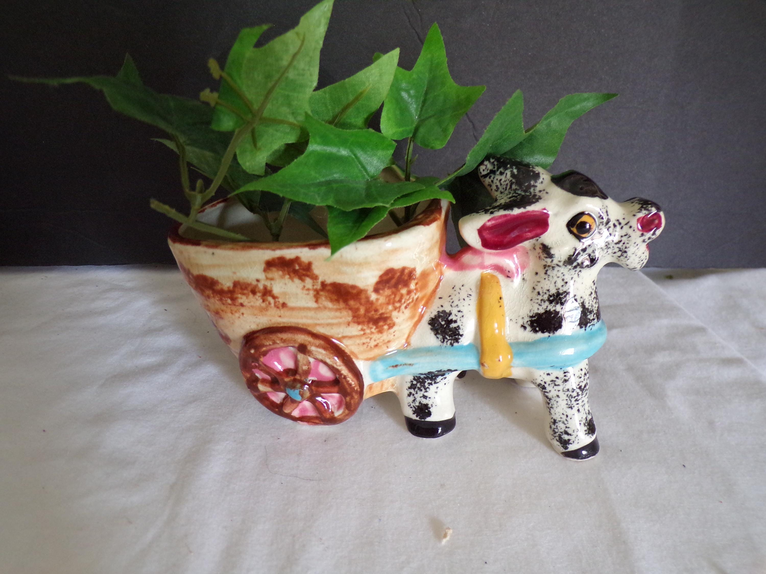 希少なイタリア製マジョリカ焼きのロバの置物（カートを引く）、陶器の