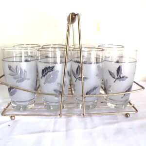 Vintage Silver Leaf Silver Foliage by Libbey Glass 12 oz Flat Tumbler, Set of 8 with Carrier Caddy