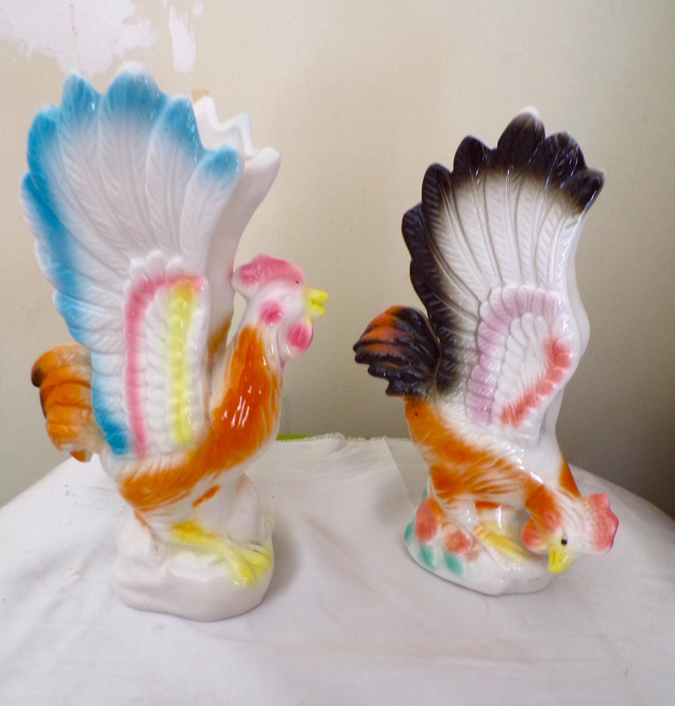 Vintage Folk Art Rooster Figurines Flower Vase , Pair Iridescent Ceramic Country Farmhouse Chicken Decor
