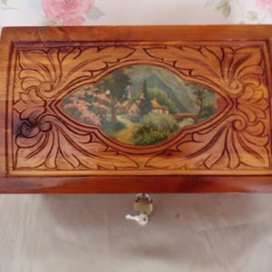Vintage Cedar hand Carved Jewelry Box, Document Box, Memory Box, Large 11" Long x 6" Wide and 41/4" Tall Footed with Lock and Key