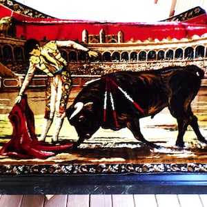 Vintage Matador Spanish Bullfighter Wall Tapestry, Extra Large Fringed Spanish Rug, Wall Hanging 56&quot; Long x 39&quot; Wide, Exceptional Condition