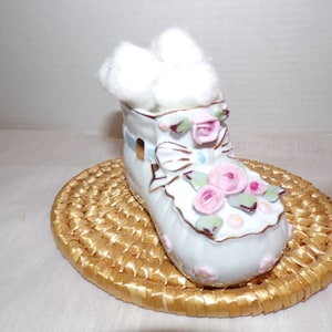 Vintage Nursery Baby Bootie Planter Pink Roses Blue Ribbon Trimmed in Gold, Diaper Pins, Q-Tips by Napco