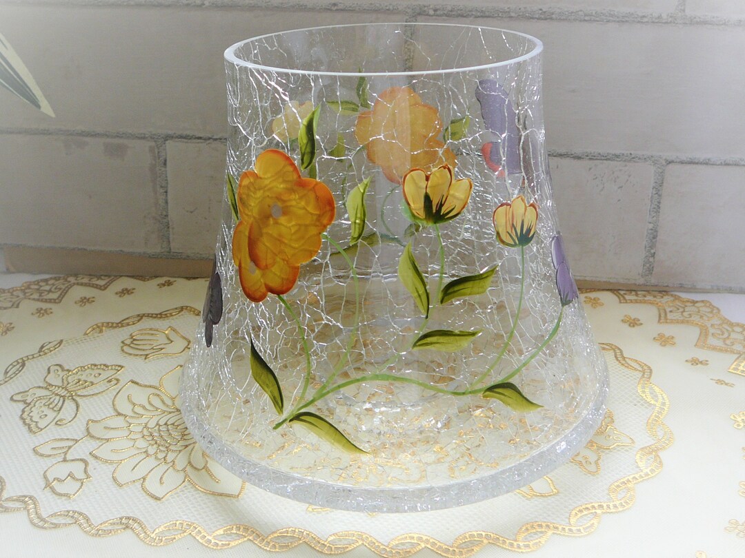 Crackle Glass Hurricane Candlestick Shade , Hand Painted Delicate