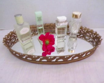 Vintage Oval Vanity Mirror Hollywood Regency Brass over Steel Ornate Filigree 12" x 9 1/2"