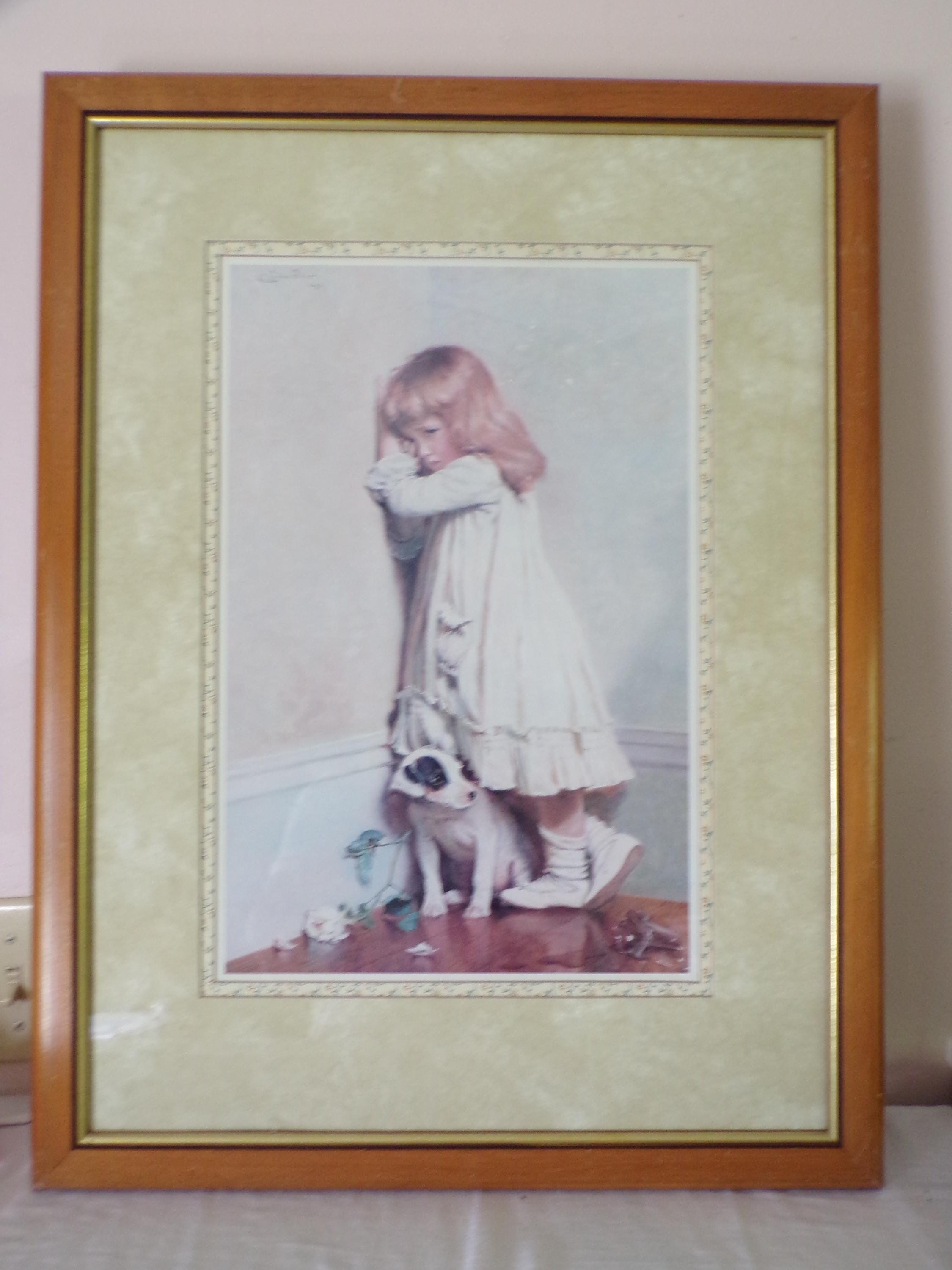 antique picture ❀* 女の子とワンちゃんのいる 版画プリント antique