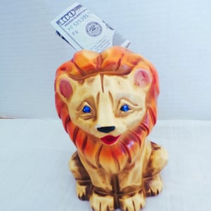 Child&#39;s Piggy Bank For Kids or Baby Nursery, Vintage Napcoware Lion Coin Piggy Bank Blue Rhinestone Eyes, Ceramic Baby Calf Funny Face