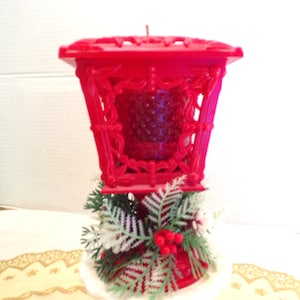Vintage Christmas Holly Berries Lamplighter Red Candle Holder with Votive Holder and Candle