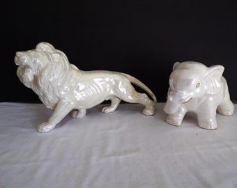 Vintage Iridescent Porcelain Glazed White Lion Figurine, Big Cat Safari & Iridescent Porcelain Glazed White Baby Elephant Gold Trim Figurine