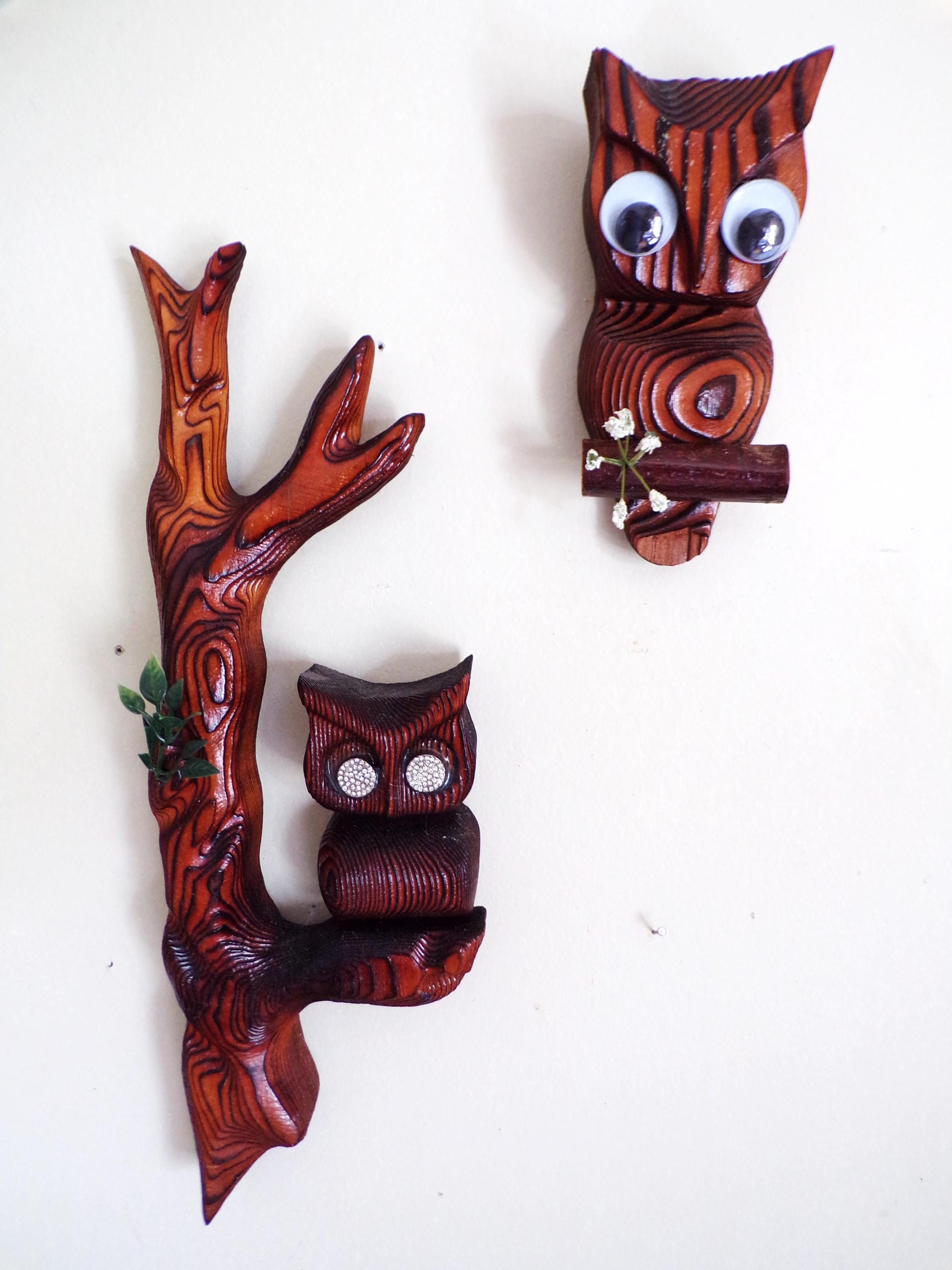 Homemade Big Eyed Wooden Hoot Owl 2 Piece Outdoor Decor, Googly Eyes