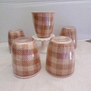 May include: Set of five brown and white gingham patterned drinking glasses. The glasses are made of clear plastic and have a slightly frosted finish.