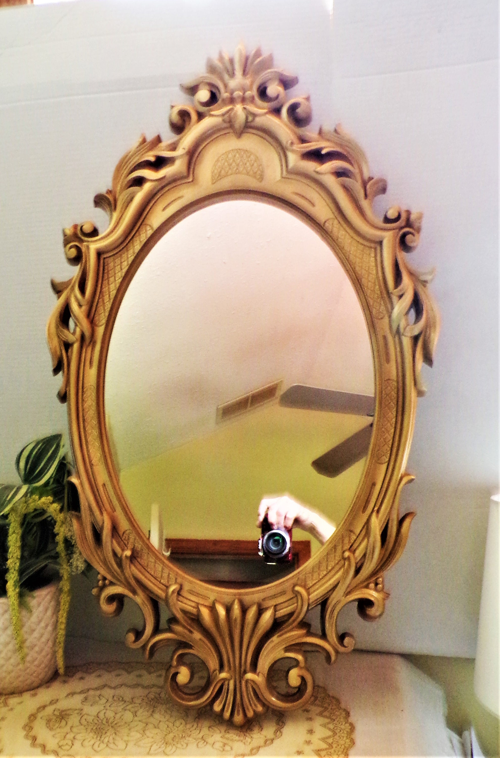 Vintage Gold Ornate Wall Mirror Molded Plastic Baroque Hollywood Regency  Oval