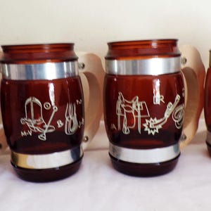 Vintage Siesta Ware Cowboy Barrel Mugs Wood Handle Set of 4 Amber Brown Glass Western, Wild Wild West Barware