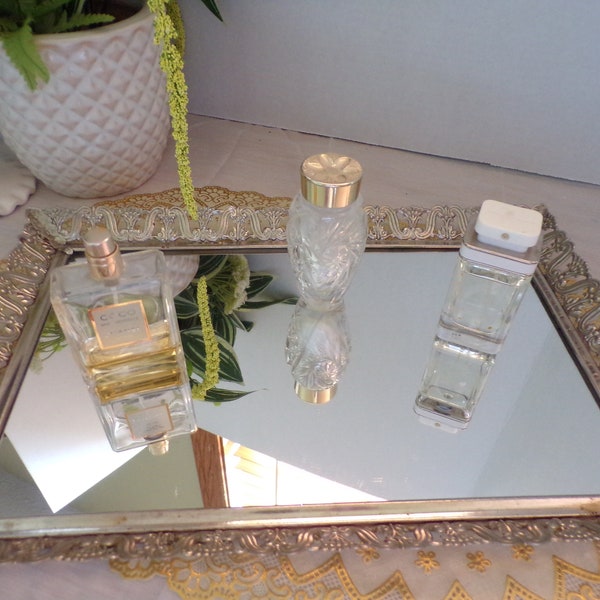 Vintage Vanity Mirror Hollywood Regency Large Rectangle Brass over Steel Ornate Filigree 15 x 10 x 1 1/4
