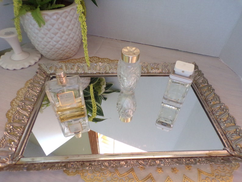 Vintage Vanity Mirror Hollywood Regency Large Rectangle Brass over Steel Ornate Filigree 15 x 10 x 1 1/4 image 1