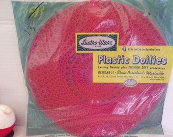 Vintage Plastic Doilies by Lustro-Ware 10&quot; Red Reusable, Washable, Cushion Soft, Stain Resistant  Polyethylene Doilies New in 4 Pack
