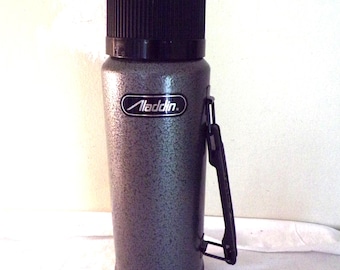 Aladdin Stanley Vacuum Thermos Bottle, No. SB950H Steel Rugged American Gray 1987, Complete with Cup and Stopper 1 Quart Size Made in USA