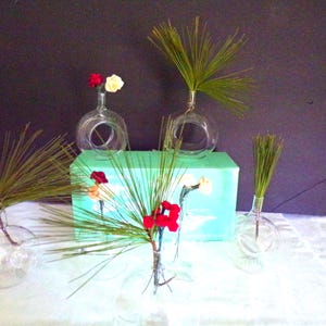May include: A display of clear glass vases with circular openings, containing sprigs of green pine needles and small red and yellow flowers. The vases are arranged on a white surface with a turquoise box behind them.
