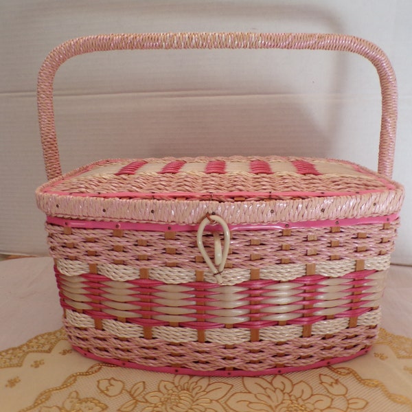 Vintage Pink Sewing Basket Box Vinyl Coated Wicker Rattan, 11 1/2" Long x 9" Wide and 6" Tall, Made Exclusively for Gimbels From Japan