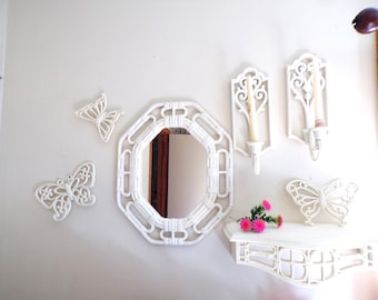 Vintage 7 Piece Set Homco 17x14 Faux Bamboo Rattan Octagon Wall Mirror, Butterflies, Mantle Shelf and Candle Sconce, Homco, Dart, USA