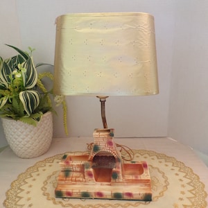 Vintage Southwestern Ceramic Fireplace Lamp, Chiminea Lamp with Pierced Paper Shade, TV Lamp, Mexican Outdoor Kiva