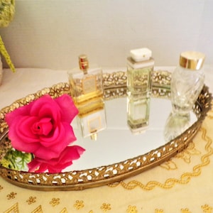 Vintage Oval Vanity Mirror Hollywood Regency Brass over Steel Large Ornate Filigree Dresser Tray 14&quot; x 8&quot; x 2&quot;