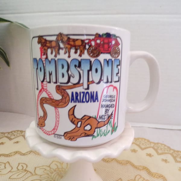 Vintage Arizona Western Tombstone Coffee Cup/Mug Ceramic, Stagecoach, Desert, Boothill, Graveyard