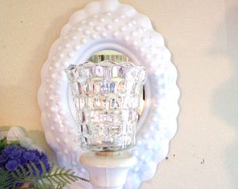 Vintage Homco Oval White Hobnail Mirrored Candle Sconce, Votive or Taper Candle
