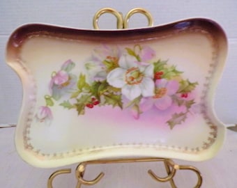 Antique Austria Porcelain Holly Berry and Clematis Flowers Vanity Tray