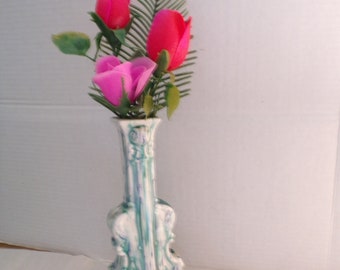 Vintage Victorian Ceramic Cello Flower Vase 9" Tall Seafoam Green and Midnight Blue Drip with High Glaze