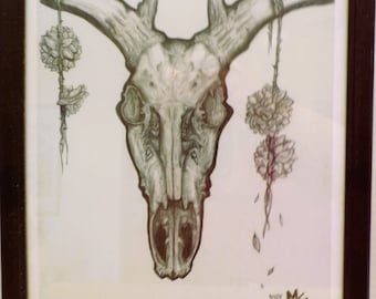 Kunstprint hertenschedel, 12 x 9 inch ingelijst