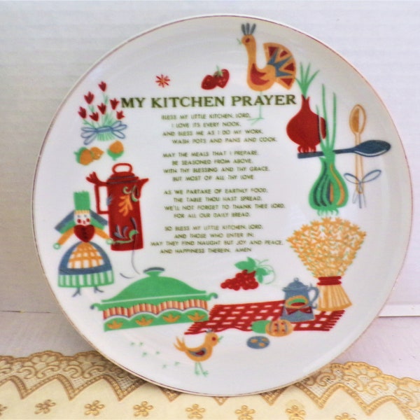 Vintage Humorous "MY KITCHEN PRAYER"  Wall Plate 8 1/4" Round, Colorful Graphics of Dutch Girl, Picnic, Birds, Onions and More, Gold Trim