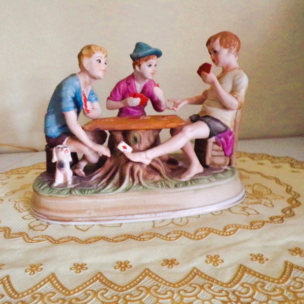 Vintage Capodimonte Inspired Figurine Poker Players "The Cheaters" Bisque Porcelain, 3 Barefoot Boys Playing Cards, Poker Card Players