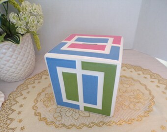 Baby's Piggy Bank w/Stopper, Blue, Pink, Green, Yellow and White Cube Bank, Baby Shower, Nursery