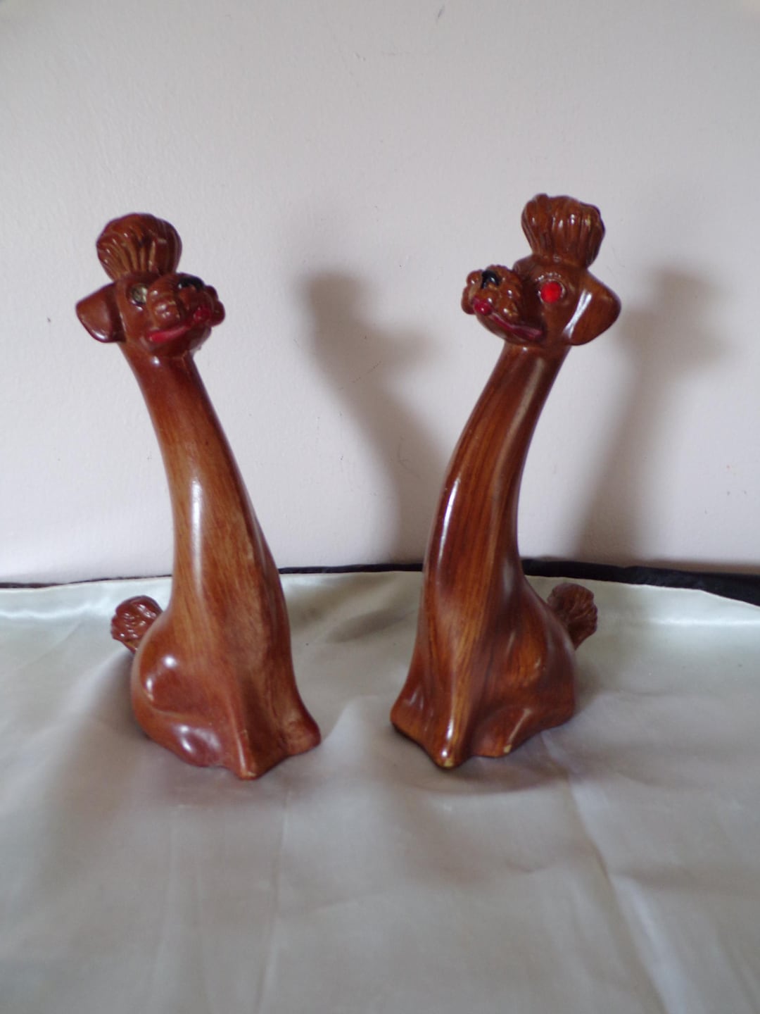 Vintage Poodle Dog Statue Figurine Pair Faux Wood Hard Resin with Diamond Eyes, Hong Kong